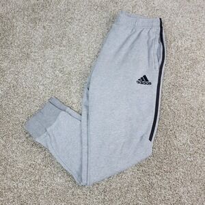 Adidas Mens Medium Gray Black Striped Fleece Jogger Sweatpants Elastic Waist